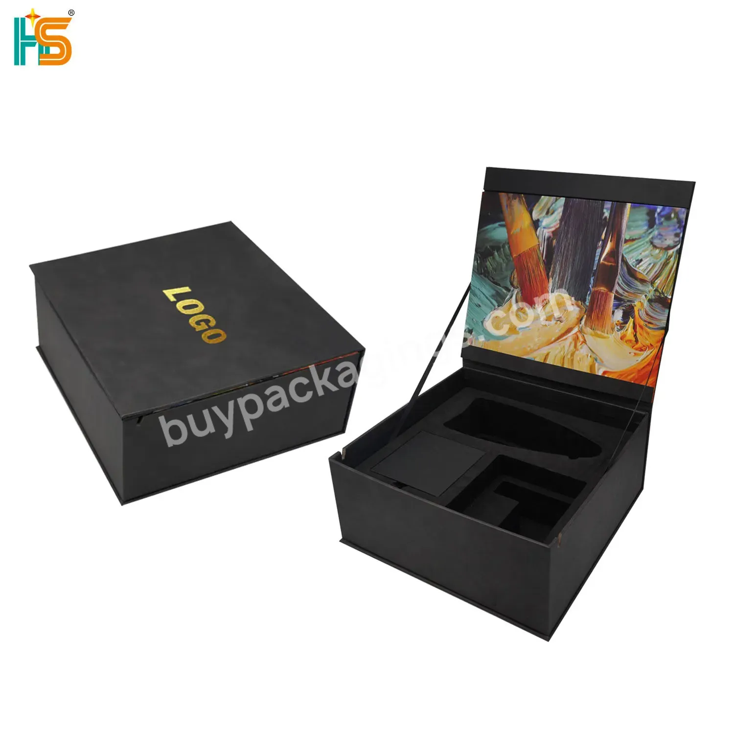 Luxury Gold Stamping Logo Rigid Cardboard Packaging Paper Box Black Custom Flip Top Storage Pu Leather Gift Box