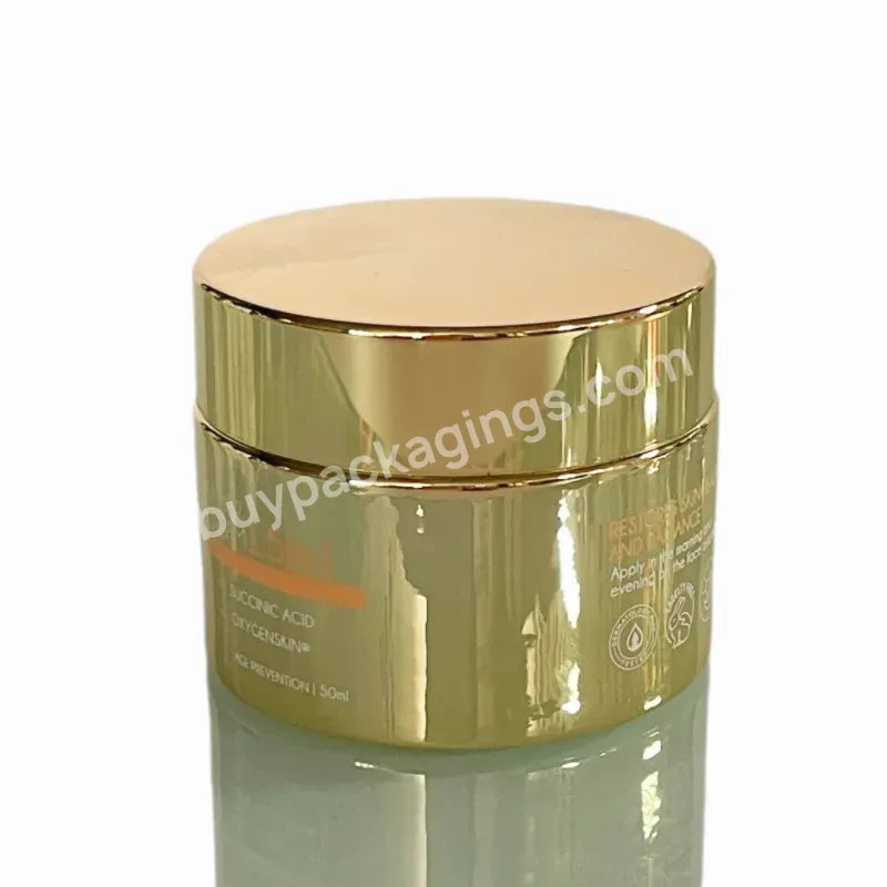 Luxury High End Beautiful Gold Electroplated 50g Cosmetic Empty Glass Jar Container For Face Cream With Aluminum Lid - Buy 50 G Wholesale Round Gold Cosmetic Containers Clear Empty Cream Jar With Aluminum Lid,High Quality 50 G Empty Refillable Transp