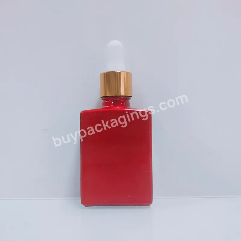 Luxury High Quality Red 30ml Rectangle Glass Dropper Bottle For Cosmetic Beard Oil Essential Oil