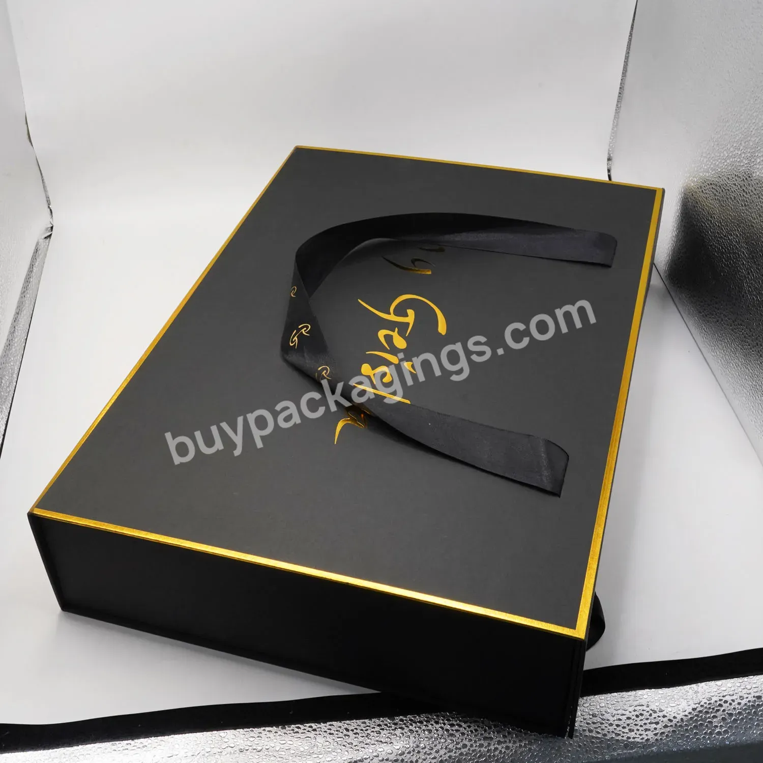Luxury Hot Gold Stamping Black Ribbon Box Magnetic Close Big Foldable Gift Cloth Box Packaging With Handle