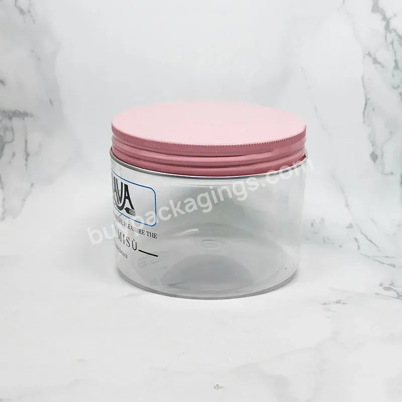 Luxury Logo Print Custom Empty Clear Plastic 300 Ml Pet Jar With Pink Metal Lid