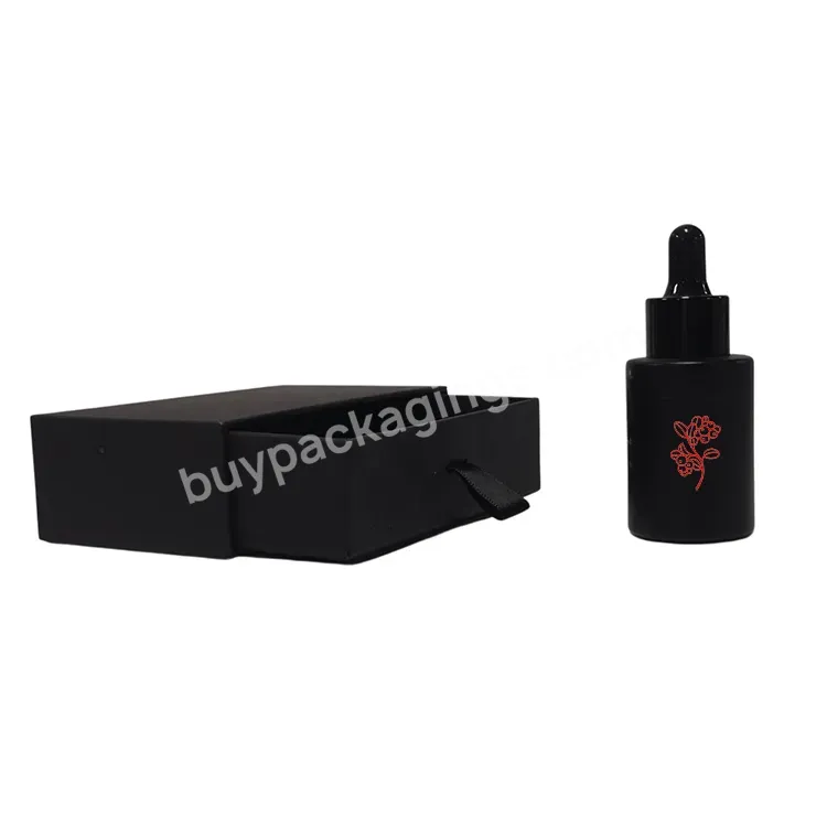 Luxury Logo Printed Empty Skincare Container 30ml Black Frosted Glass Face Oil Serum Bottle With Paper Box Packaging