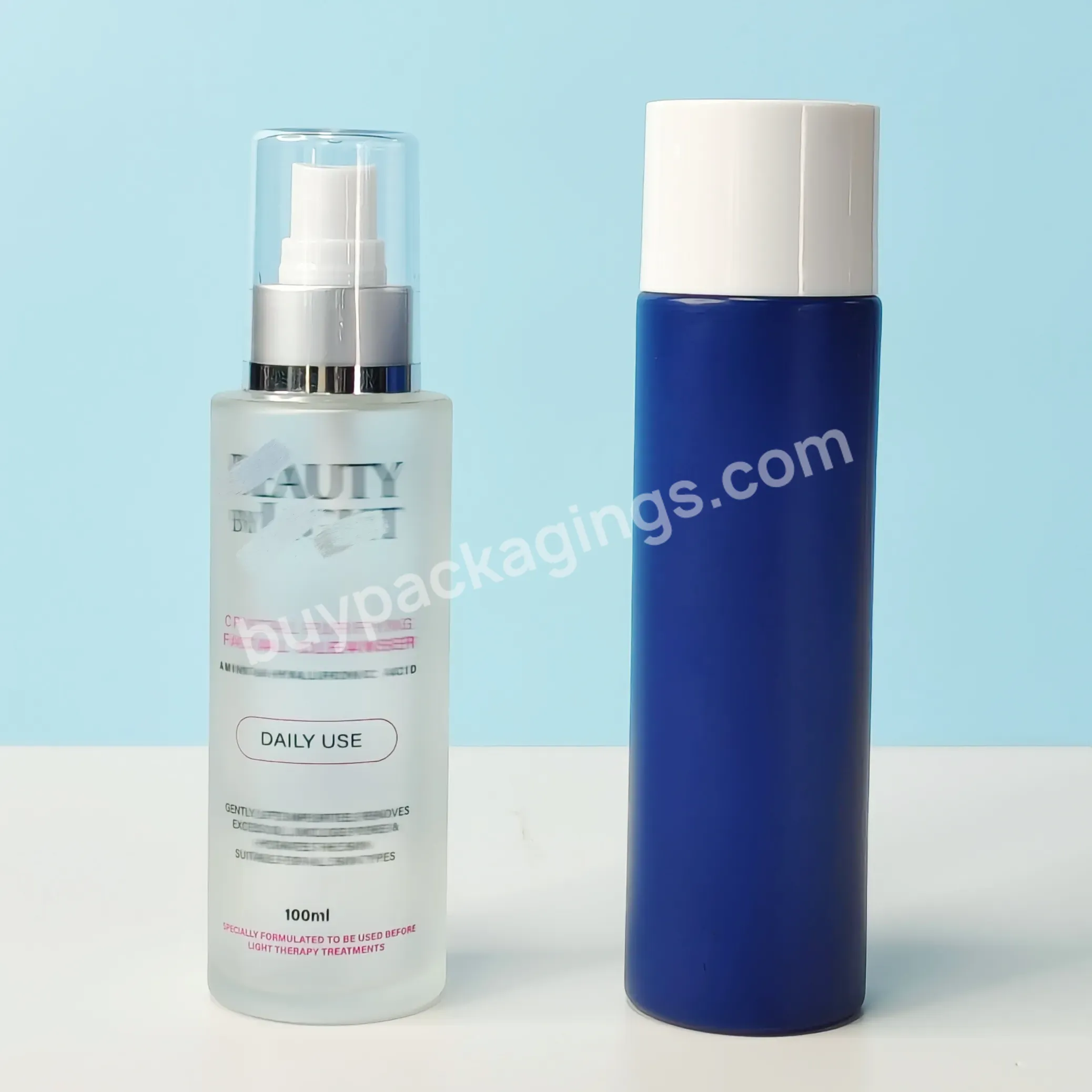 Luxury Matte Clear Navy Blue Round Empty Conditioner Body Lotion Toner Glass Bottle With Dropper Pump Screw Cap