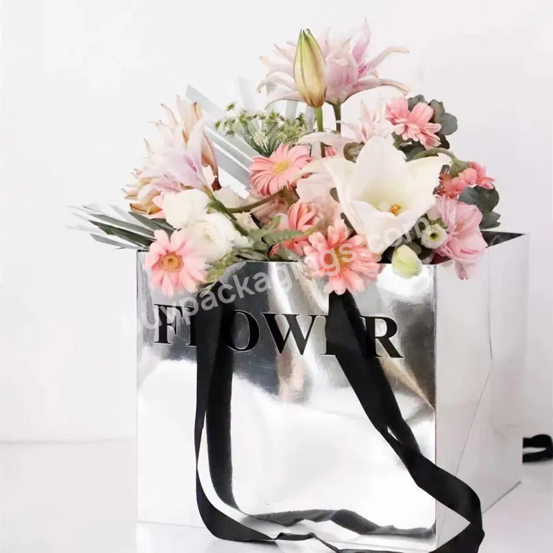 Luxury Mirror Surface Portable Flower Bag Silver Gift Bag For Flowers Florist Bouquet Wrapper