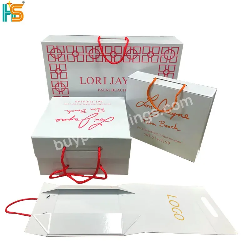 Luxury Packaging Boxes Custom Printed Logo White Foldable Collapsible Clothing Box With Rope Handle