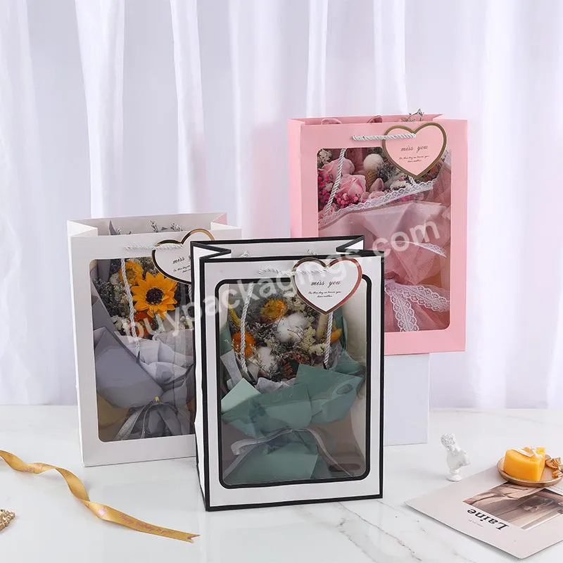 Luxury Printed Custom Handles Gift Cardboard Packaging Window Flower Gift Valentine's Day Birthday Recyclable Kraft Paper Bags