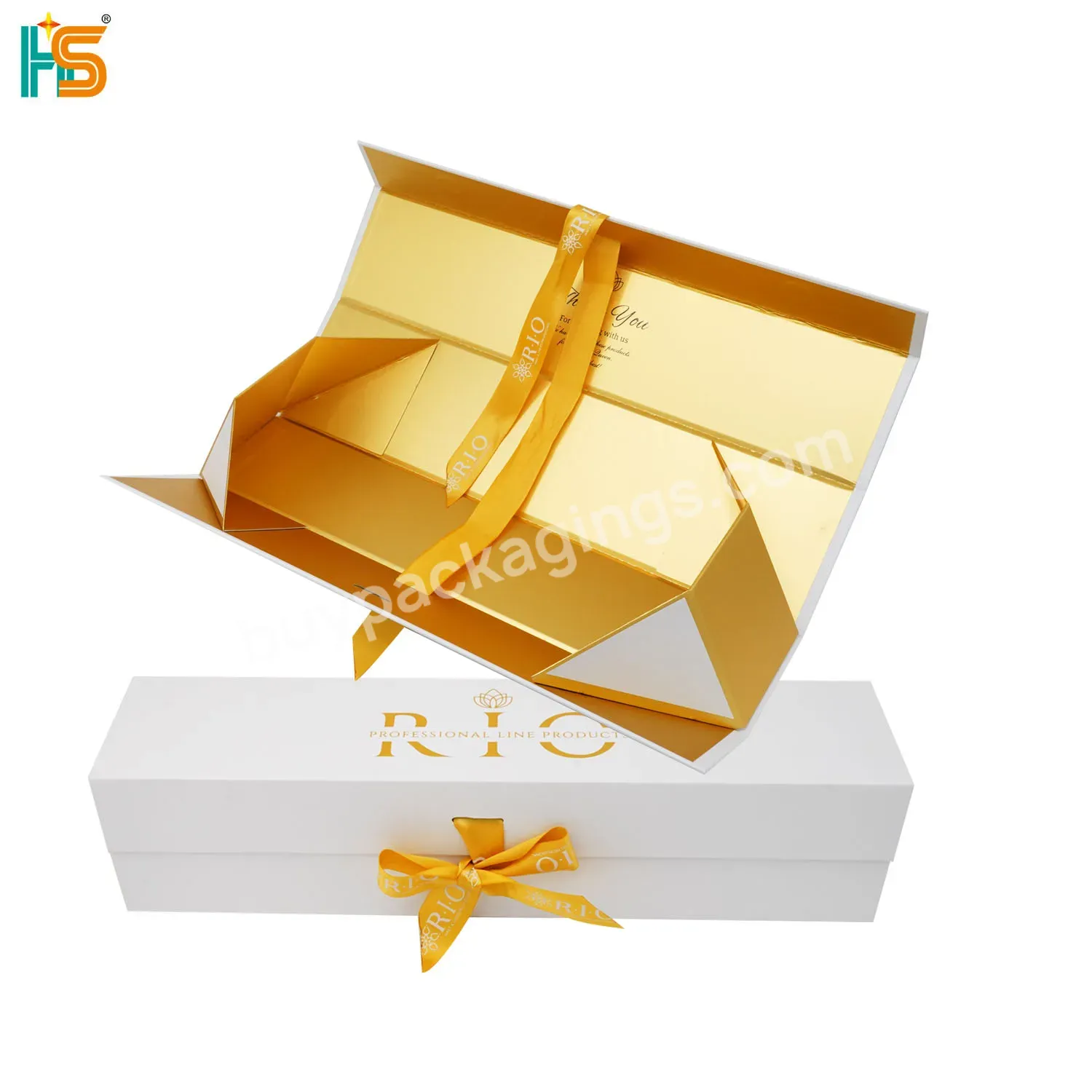 Luxury Rigid Boxes Packaging Hot Stamping Custom Logo White Paper Folding Gift Box With Ribbon