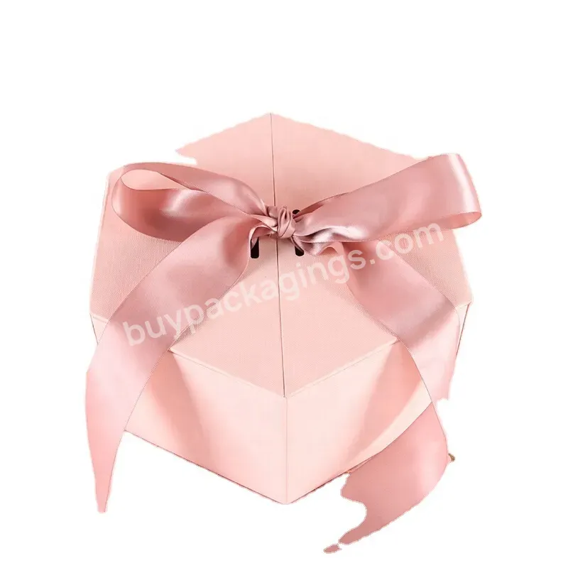 Luxury Romantic High-end Hexagon Pink Cardboard Gift Packaging Box With Satin Ribbon