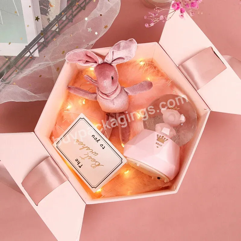 Luxury Romantic High-end Hexagon Pink Cardboard Gift Packaging Box With Satin Ribbon