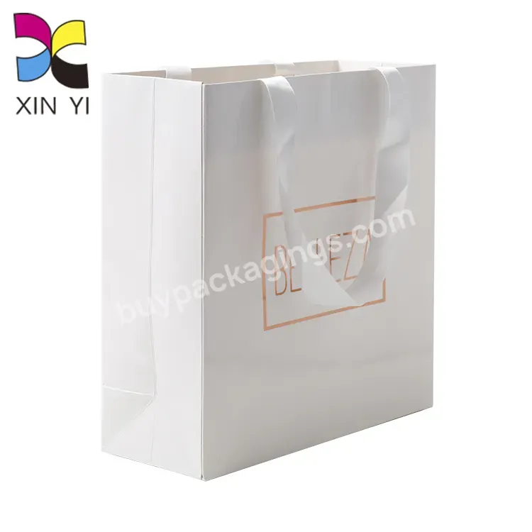 Luxury Rose Gold Foil Stamping Gift Bags Paper Bag With White Ribbon Handle