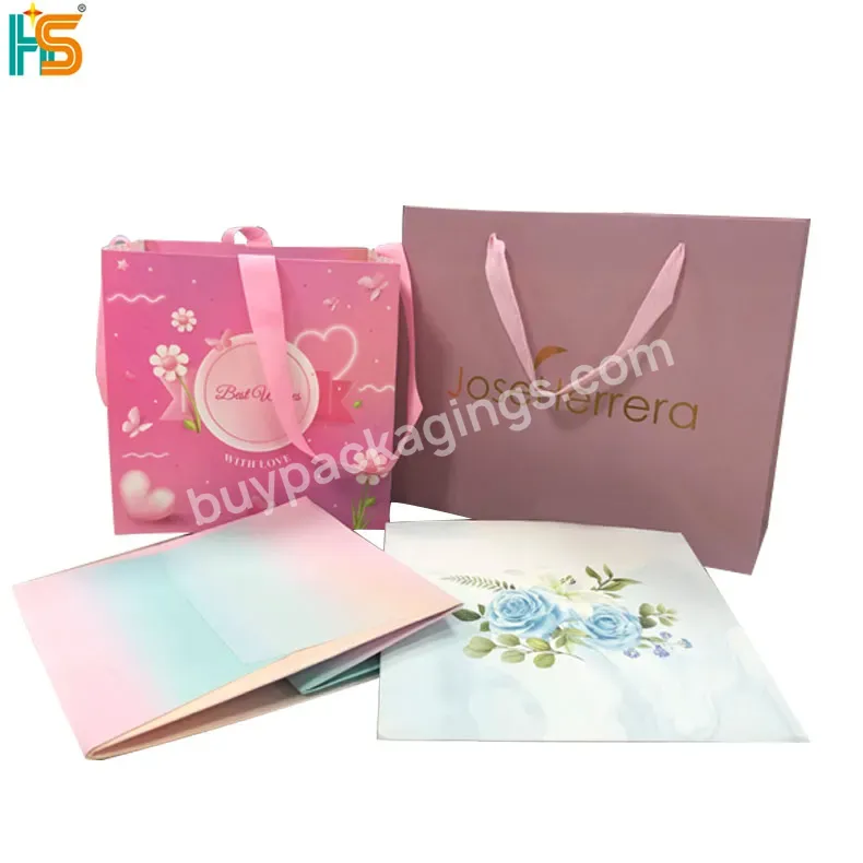 Luxury Shopping Bag Custom Logo Pink Square Paper Gift Bags With Ribbon Handles