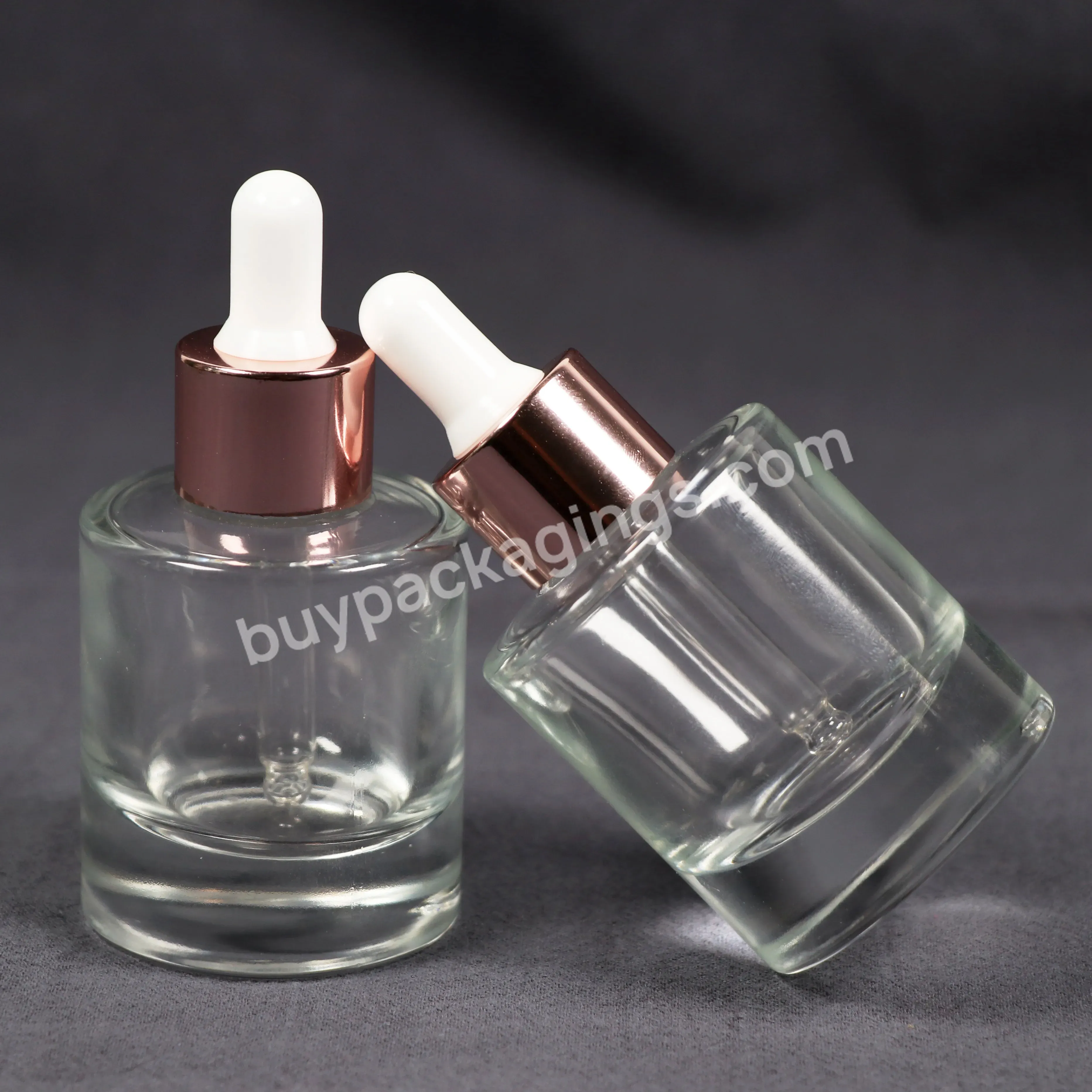 Luxury Transparent Flat Shoulder Custom 30ml Glass Dropper Bottle With Rose Gold Cap