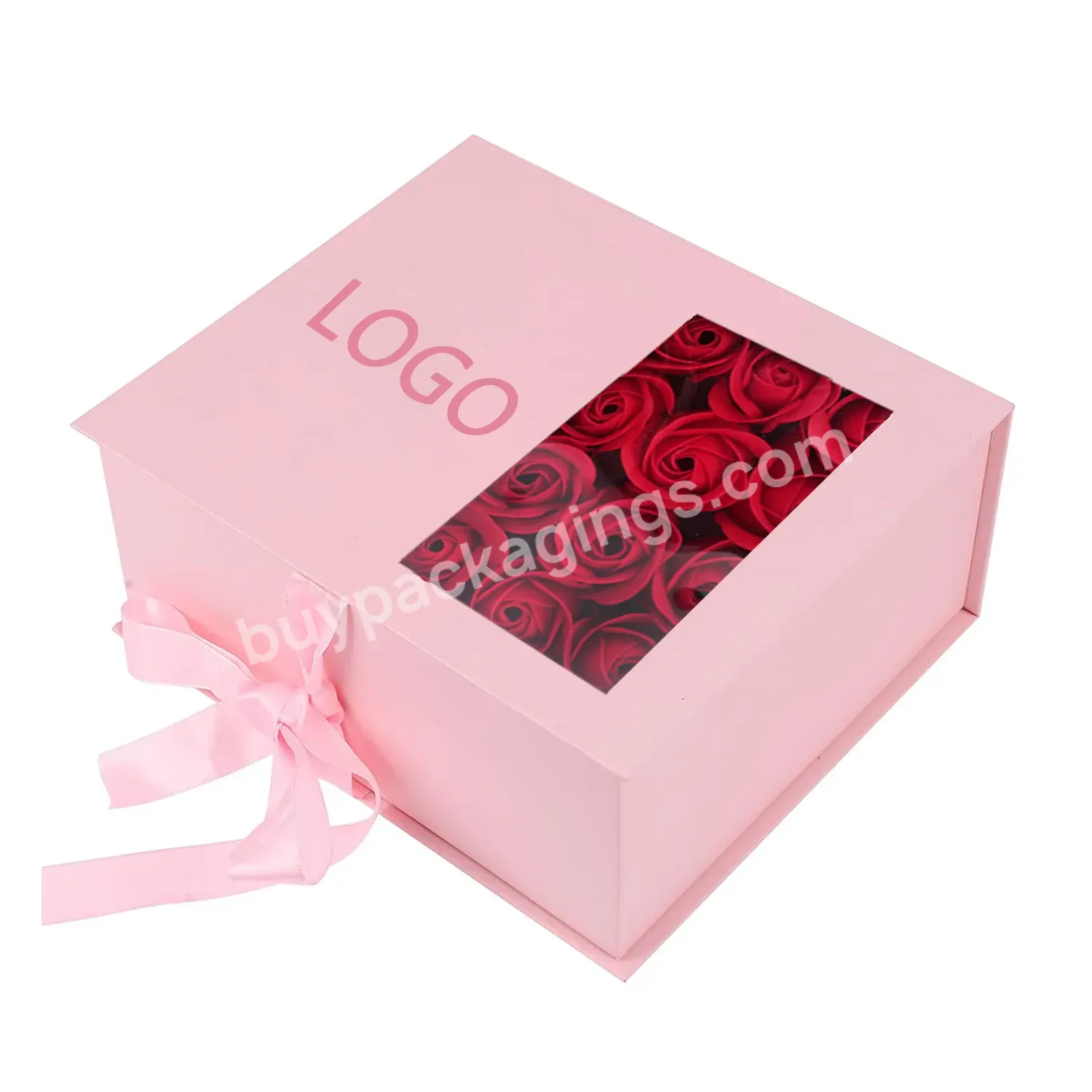 Luxury Wedding Ribbon Magnetic Book Shape Rigid Window Box Custom Pink Rectangle Graduation Flower Gift Box