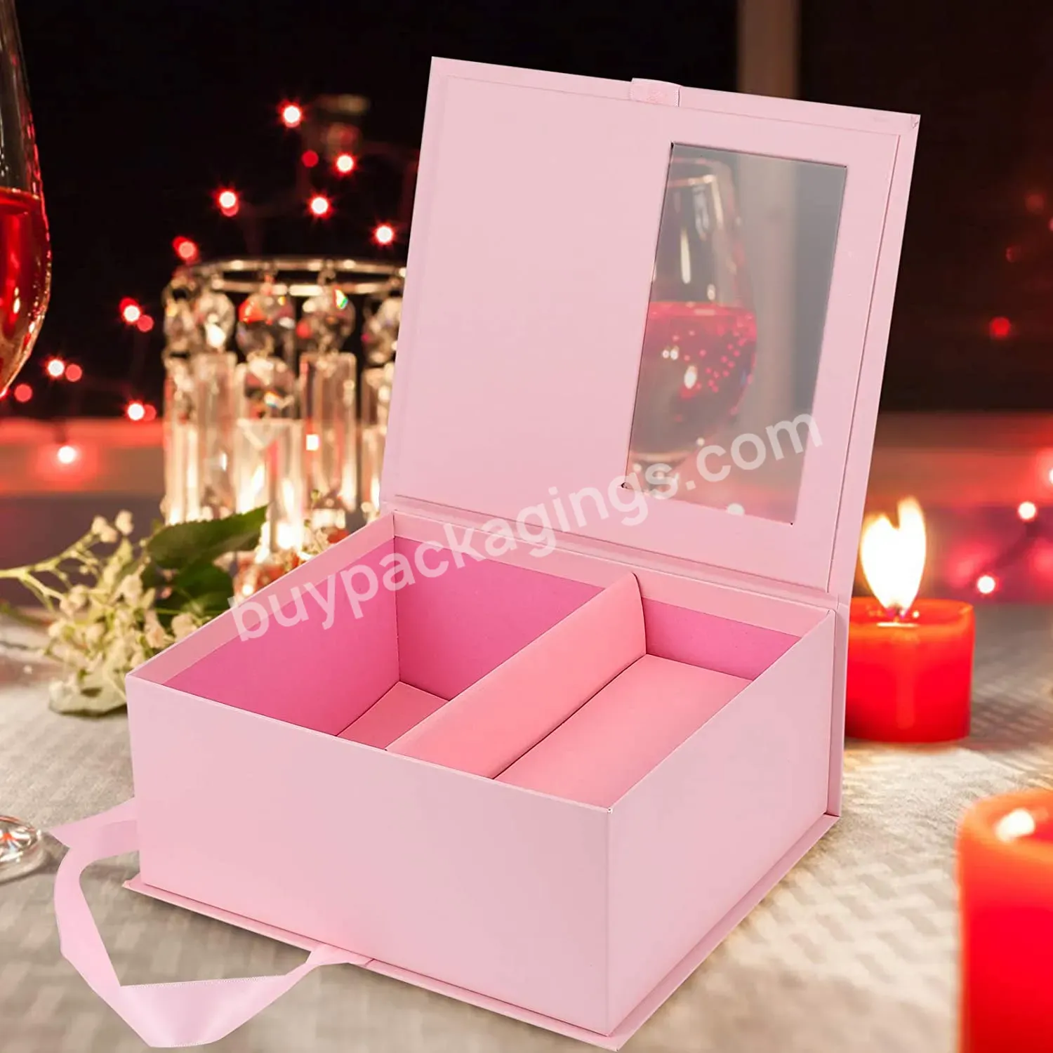 Luxury Wedding Ribbon Magnetic Book Shape Rigid Window Box Custom Pink Rectangle Graduation Flower Gift Box