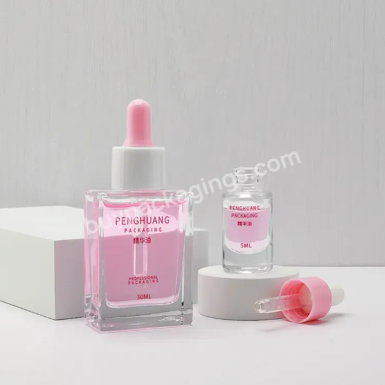 Manufacturer 30ml 5ml Flat Square Skin Care Packaging Glass Serum Essential Oil Dropper Bottles With Pink Pipette