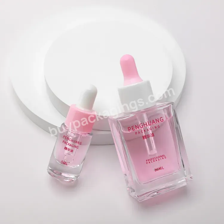 Manufacturer 30ml 5ml Flat Square Skin Care Packaging Glass Serum Essential Oil Dropper Bottles With Pink Pipette