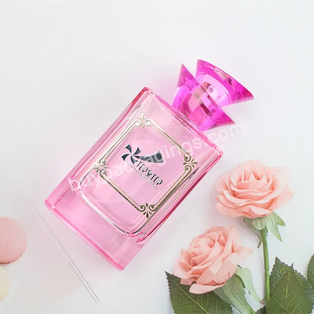 Manufacturer Custom Design Rose Cap High End Square Glass Pink Perfume Bottles With Spray Pump