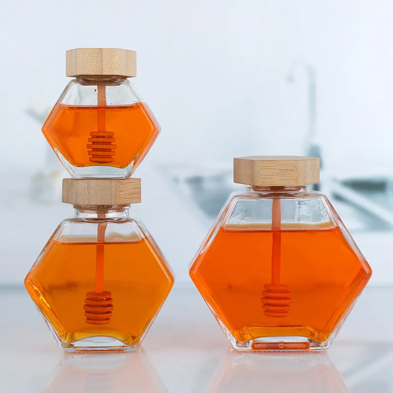 Manufacturers wholesale six ribbed glass jam bottle honeycomb honey bottle sealed wood lid alumina lid glass bottling