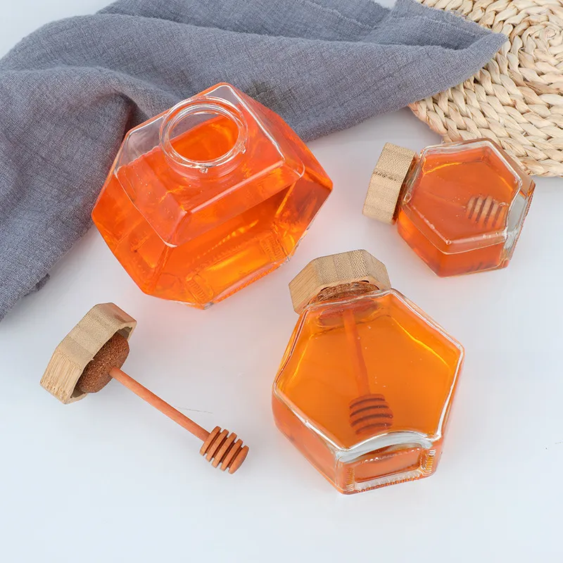 Manufacturers wholesale six ribbed glass jam bottle honeycomb honey bottle sealed wood lid alumina lid glass bottling