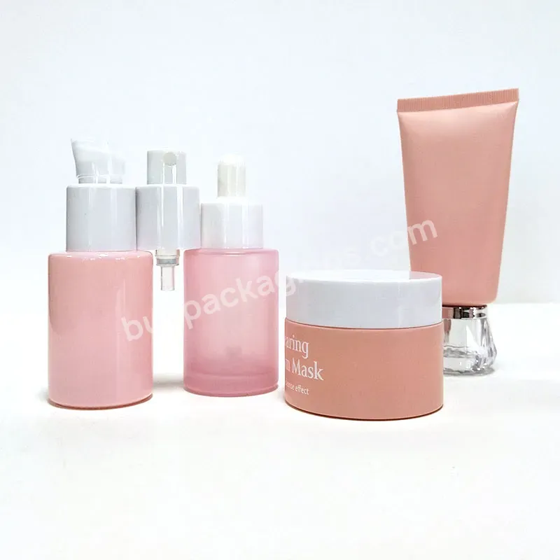 Matte Frosted Pink Skincare Packaging 50g Cosmetic Cream Jars 50 Ml Plastic Tubes 30 Ml Glass Dropper Serum Bottle With Pump