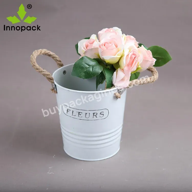 Mini Metal Bucket Shabby Chic Small Flower Pot With Hemp Rope Handle Decor Garden Wholesale - Buy Flower Pot Garden Decoration,Flower Pot Metal,Wholesale Garden Decor.