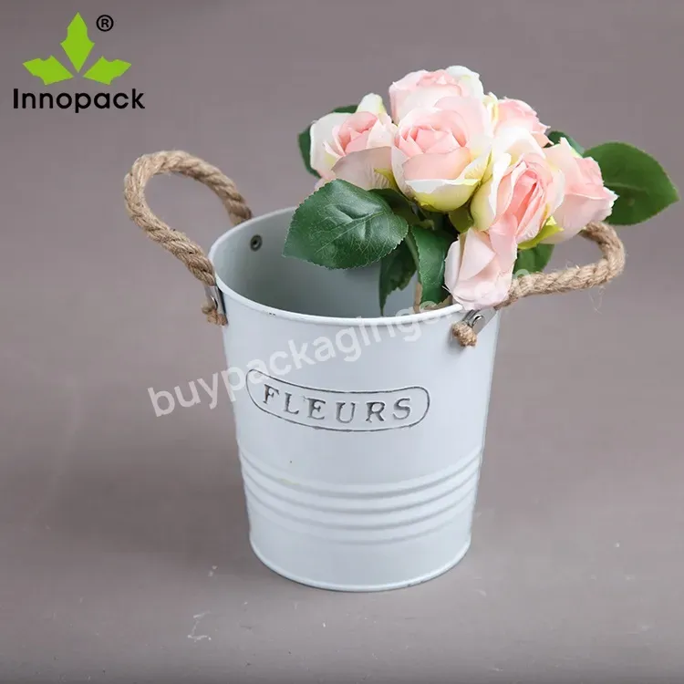 Mini Metal Bucket Shabby Chic Small Flower Pot With Hemp Rope Handle Decor Garden Wholesale - Buy Flower Pot Garden Decoration,Flower Pot Metal,Wholesale Garden Decor.