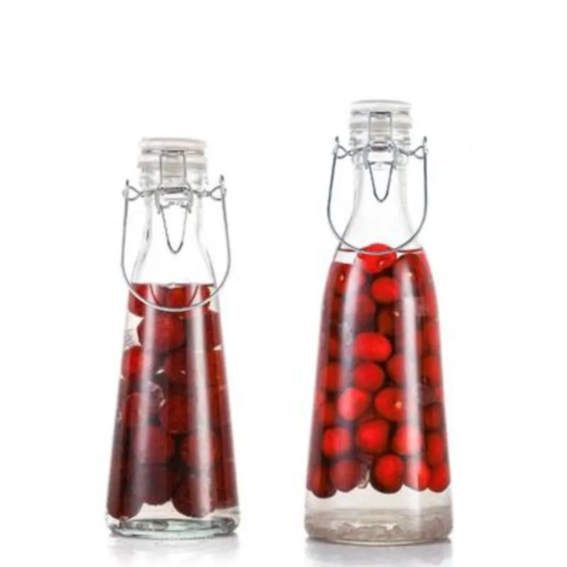 Modern Style Custom Bottle Self - made Fruit Wine Container Cone Shaped Clasped Clear Glass Bottle With The Handle Cap