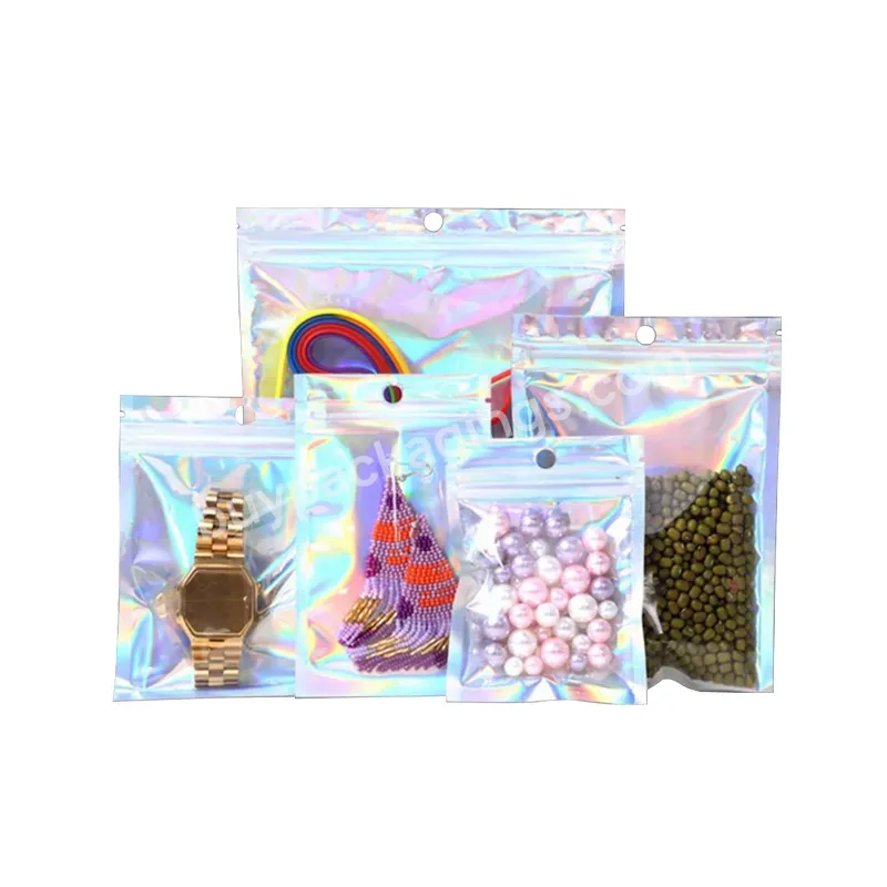 Moq 100pcs Small Size Holographic Mylar Aluminum Foil Zipper Bag Clear Holographic Cosmetic Bag