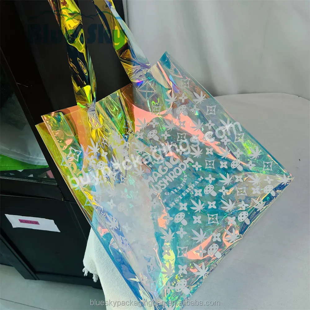 Most Popular Custom Printed Logo Pvc Holographic Tote Bag Fabric Cosmetic Packaging Plastic Glitter Luminous Tote Bag