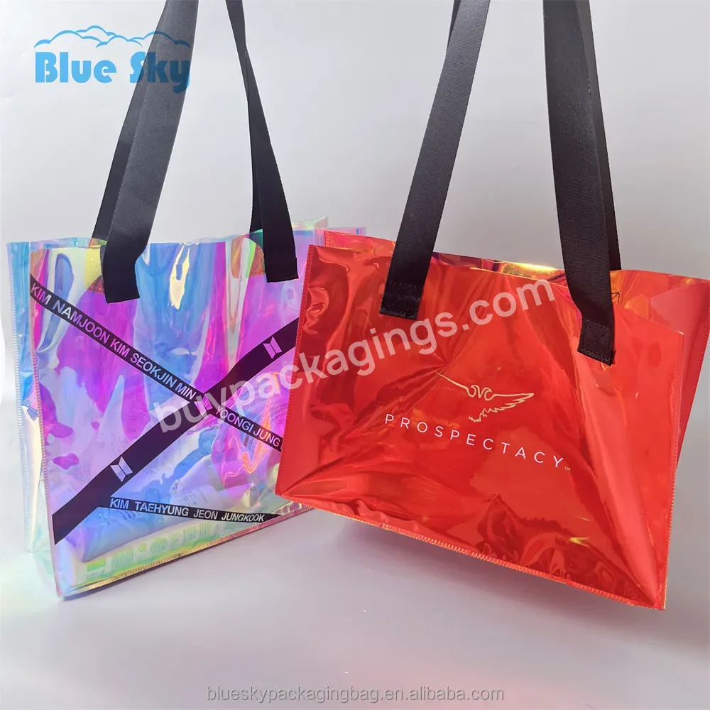 Most Popular Custom Printed Logo Pvc Holographic Tote Bag Fabric Cosmetic Packaging Plastic Shine Tote Bag