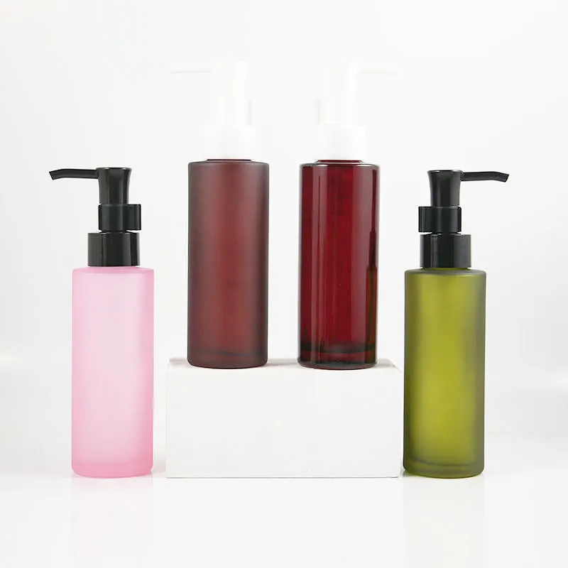 Multi Color Transparent 100ml Round Glass Bottle With Oil Pump Cap For Essential Oil Cleansing Oil And Body Lotion