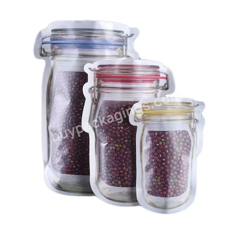Multi Design Plastic Resealable Zip Lock Bottle Shaped Stand Up Pouch Packaging Food Snack Storage Mason Jar Zipper Bag