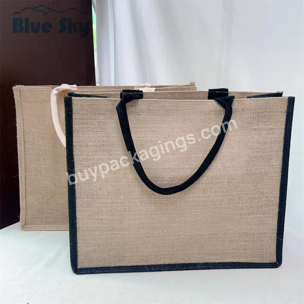 Natural Waterproof Pe Coating Lamination Burlap Custom Logo Eco Friendly Grocery Tote Bags Reusable Sac En Jute Shopping Bag