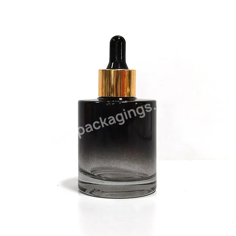 New 15ml 30ml 50ml Short Wide Thicker Bottom Round Black Gradient Essential Oil Serum Bottle Glass Bottles For Hair Oil Droppers