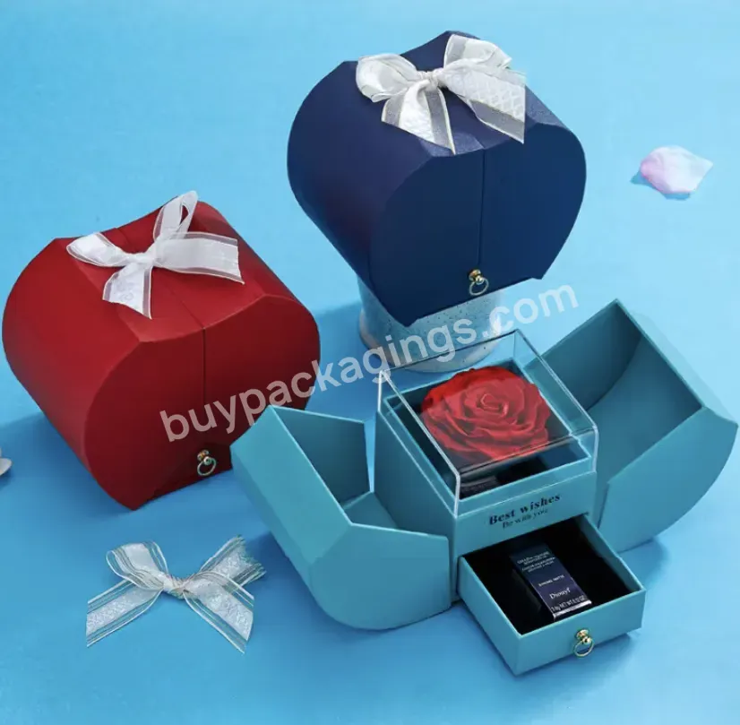 New Acrylic Double Door Eternal Life Preserved Rose Flower Gift Box Valentines Day Drawer Gift Flower Jewelry Packaging Boxes