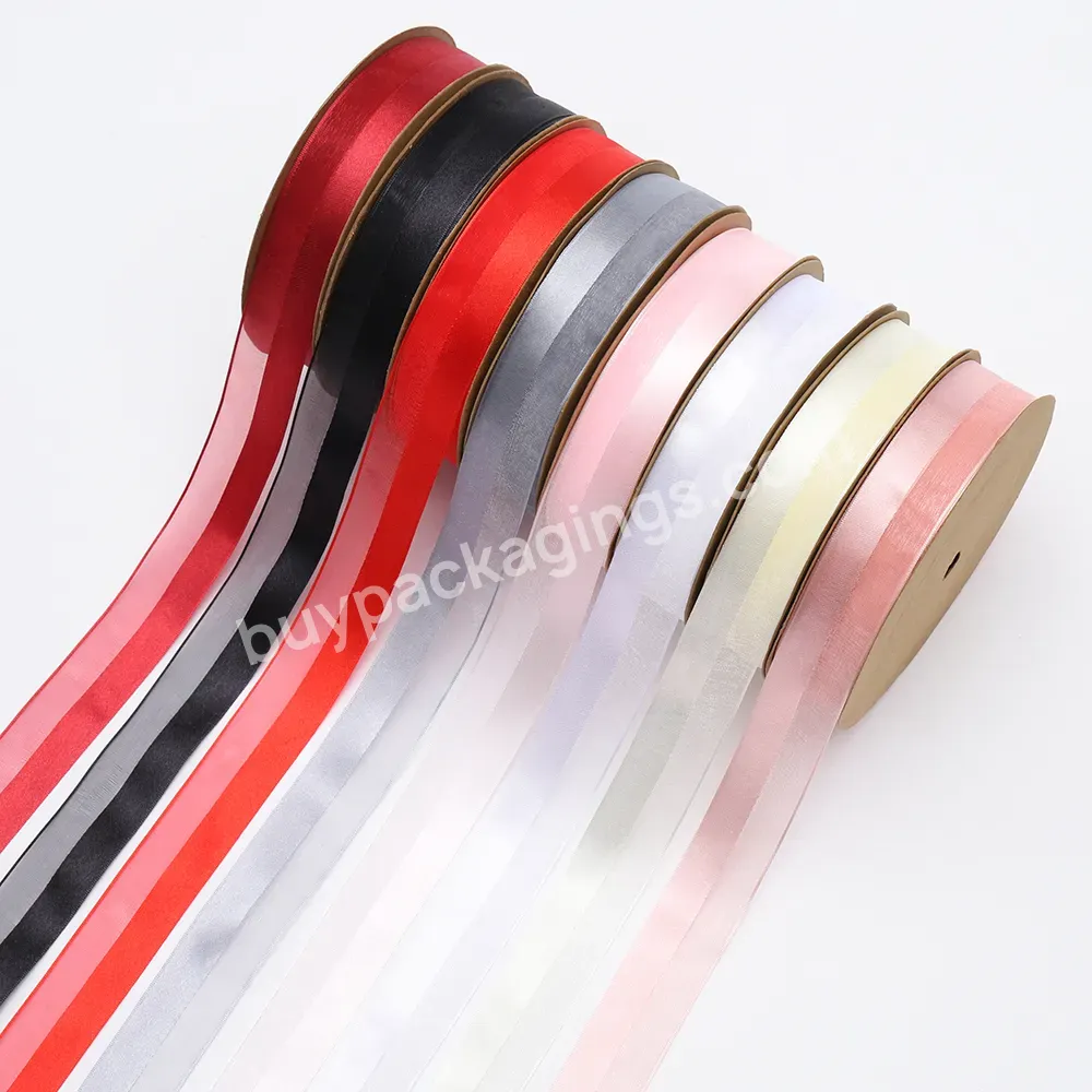 New Arrival Luxury 2.5cm*20y/roll Gauze Ribbon Roll Half Solid Half Transparent Ribbon For Flower Bouquet Gift Wrap