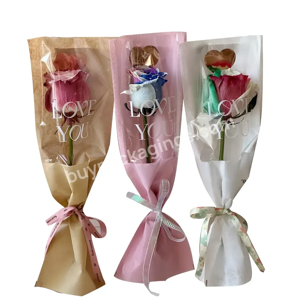 New Design 20pcs/bag Love You Plastic Flower Bag Clear Cellophane Transparent Single Fresh Flower Floral Wrapping Paper