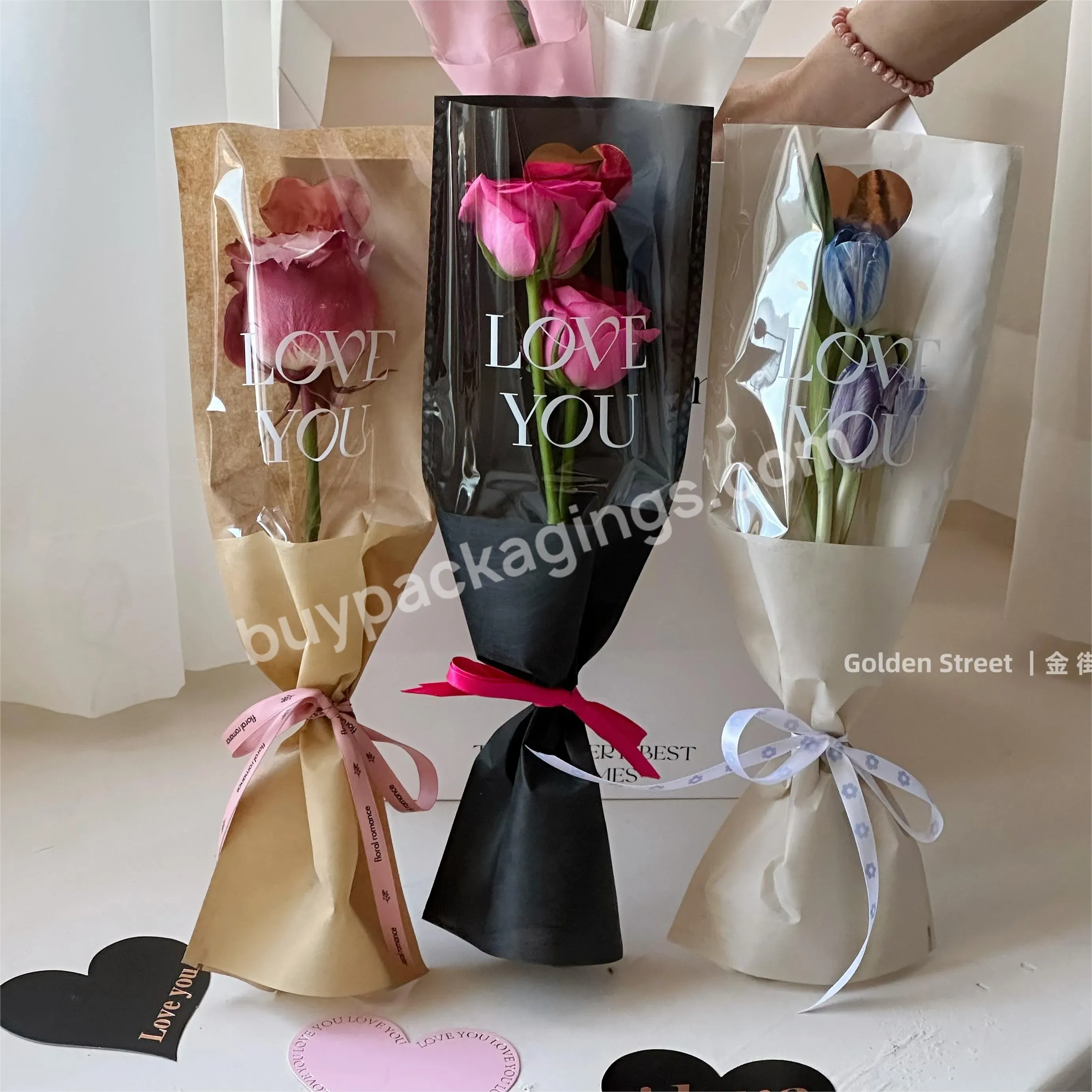 New Design 20pcs/bag Love You Plastic Flower Bag Clear Cellophane Transparent Single Fresh Flower Floral Wrapping Paper