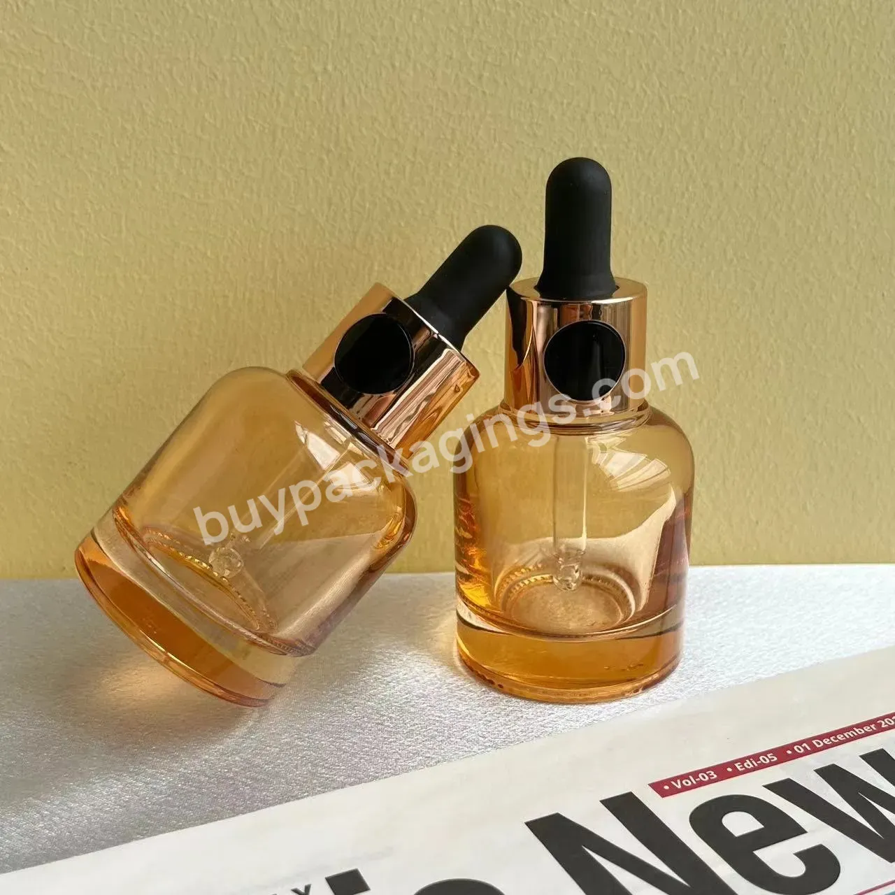 New Design 30ml 1oz Transparent Orange Snap On Serum Glass Bottle Essence Dropper Bottle