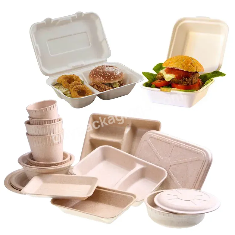 New Design Biodegradable Takeaway To Go Lunch Burger Food Burger Oval Pulp Container Two Cells Sugarcane Bagasse Box With Lid