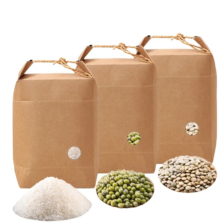 New Design Custom Logo Packaging Eco Friendly Biodegradable Brown 10kg 2 Kg 1kg 5kg Twist Pouch Rice Paper Kraft Bag With Handle