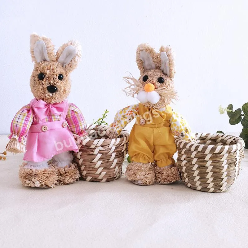 New design handmade straw Easter basket standing Plush bunny, chick, bear basket kids gift Easter crafts decoration