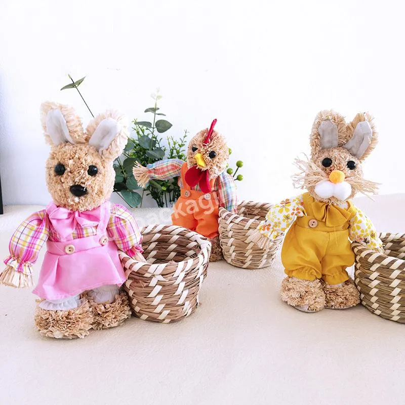 New design handmade straw Easter basket standing Plush bunny, chick, bear basket kids gift Easter crafts decoration