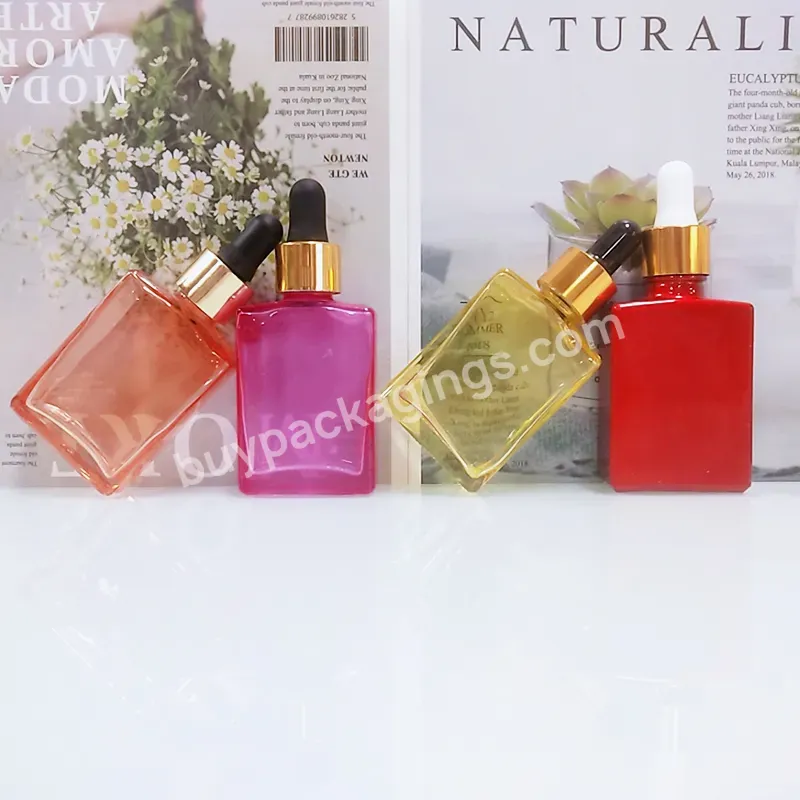 New Products 1oz 2oz 15ml 30ml 50ml 100ml Red Flat Square Rectangle Essential Oil Bottle Glass With Plastic Head Dropper