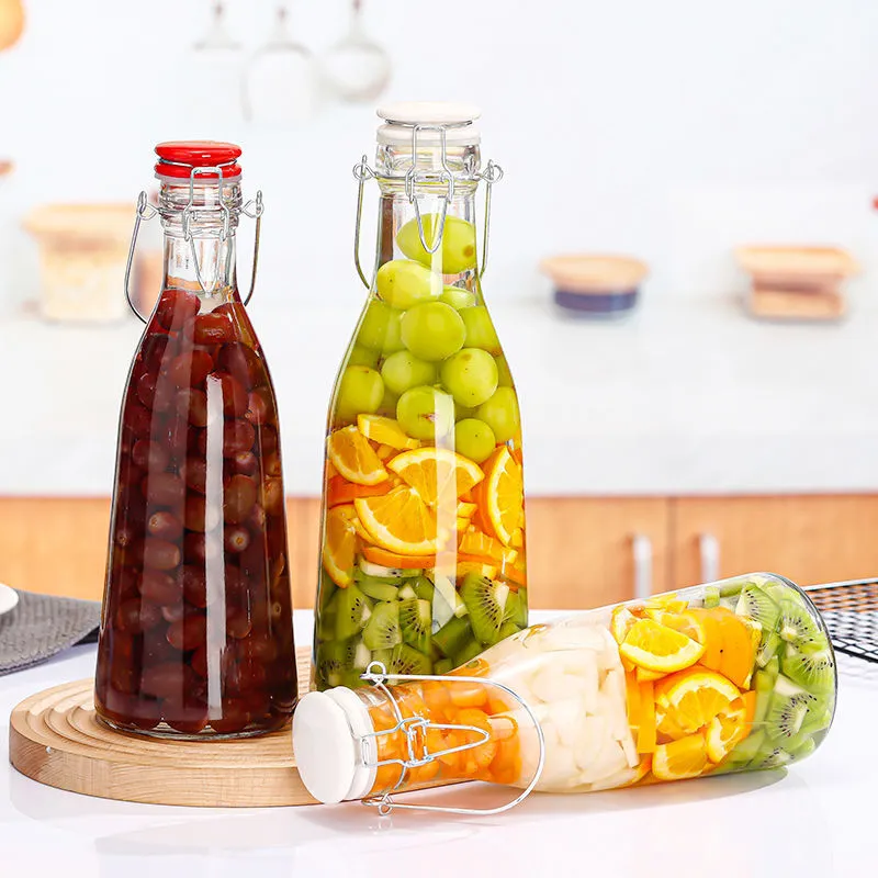 New Style High Borosilicate Self - made Fruit Cold Wine Container Clasped Clear Glass Bottle With The Handle Cap