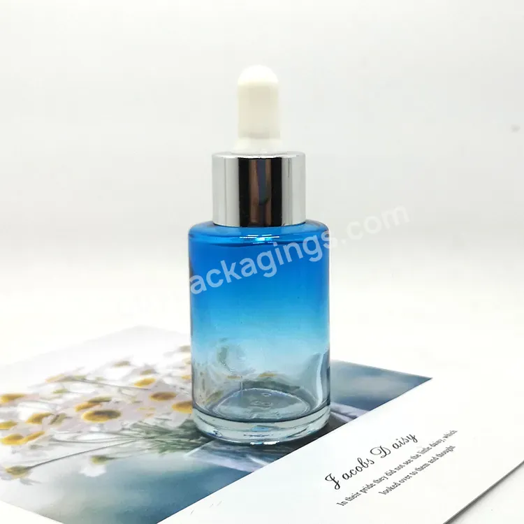 New Unique 30ml 1oz Essential Oil Serum Bottles Flat Shoulder Blue To White Gradient Glass Dropper Bottle With Pipette