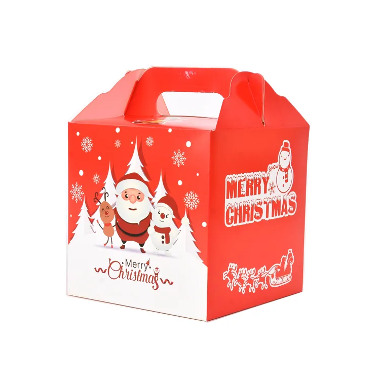 Nice Christmas Design 4 color Printing Glossy Paper cake packing box with handle
