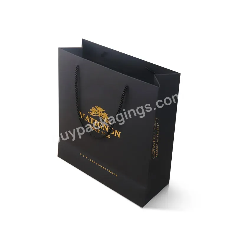 No Moq Matte Black Paper Cardboard Shopping Gift Bags With Gold Foil Stamping Logo