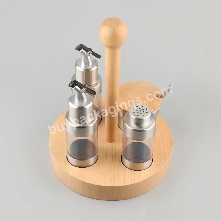 Nordic Style Stainless Steel Condiment Spice Set Oil And Vinegar Dispenser Set With Bamboo Base