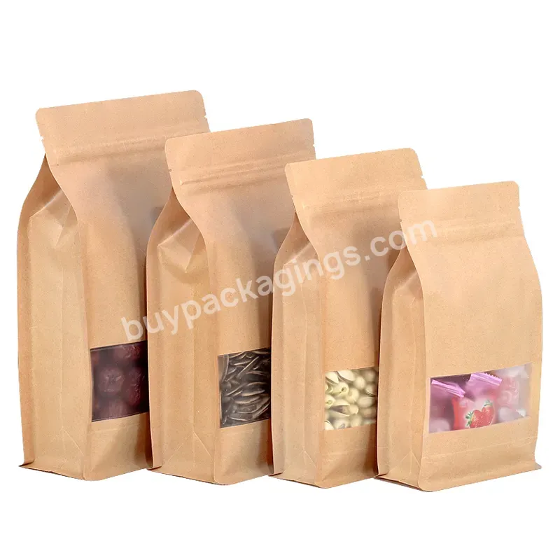 Nuts Package Food Paper Bags Wholesale Flat Bottom 20*30+4 Ziplock Kraft Brown Paper Bag